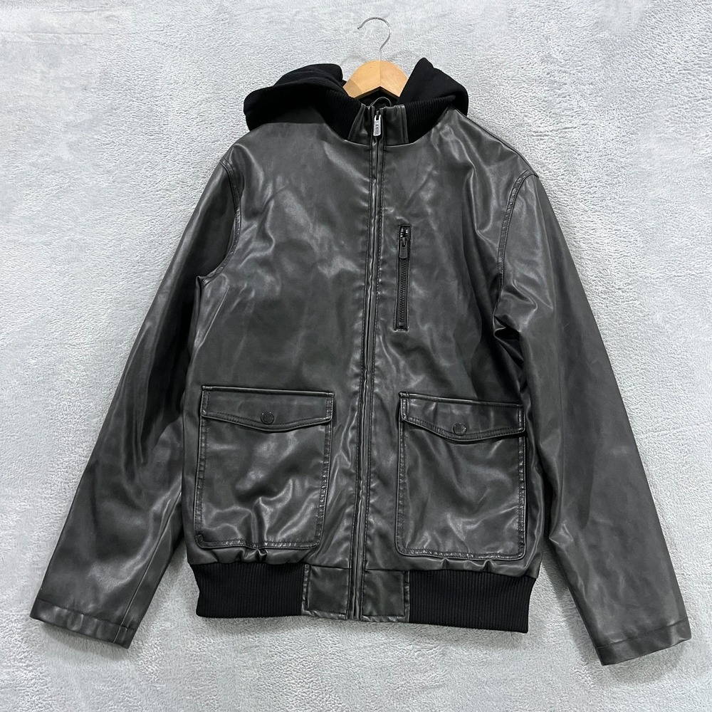 Buffalo David Bitton Jacket Mens Medium Hooded Outerwear Faux Leather Biker Y2K